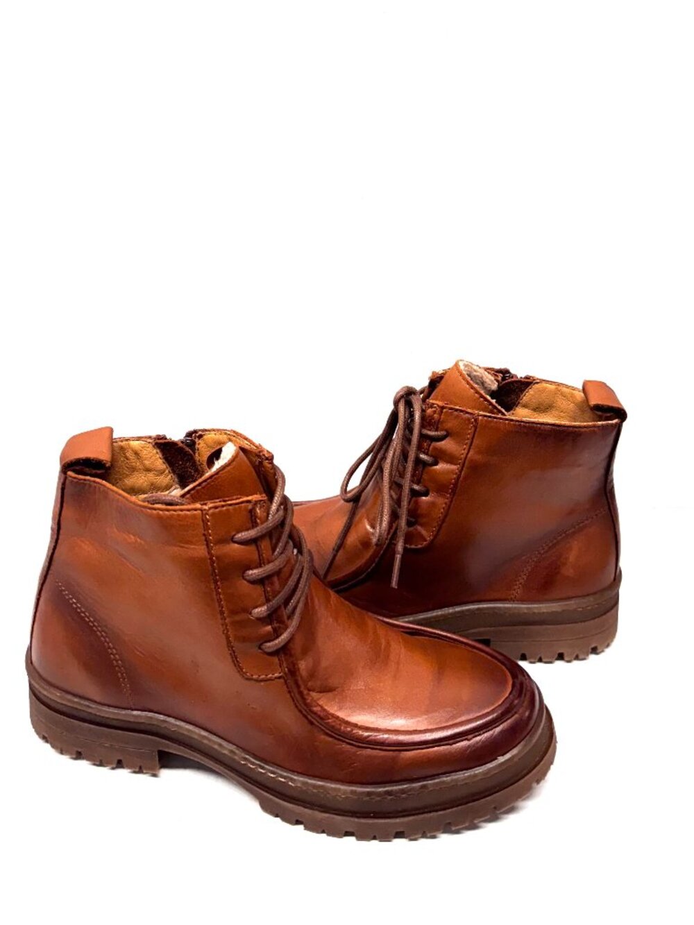 MIZ MOOZ LEATHER BOOTIE LACE UP SIDE ZIP BRANDY 37EU / 7US NEW B 79